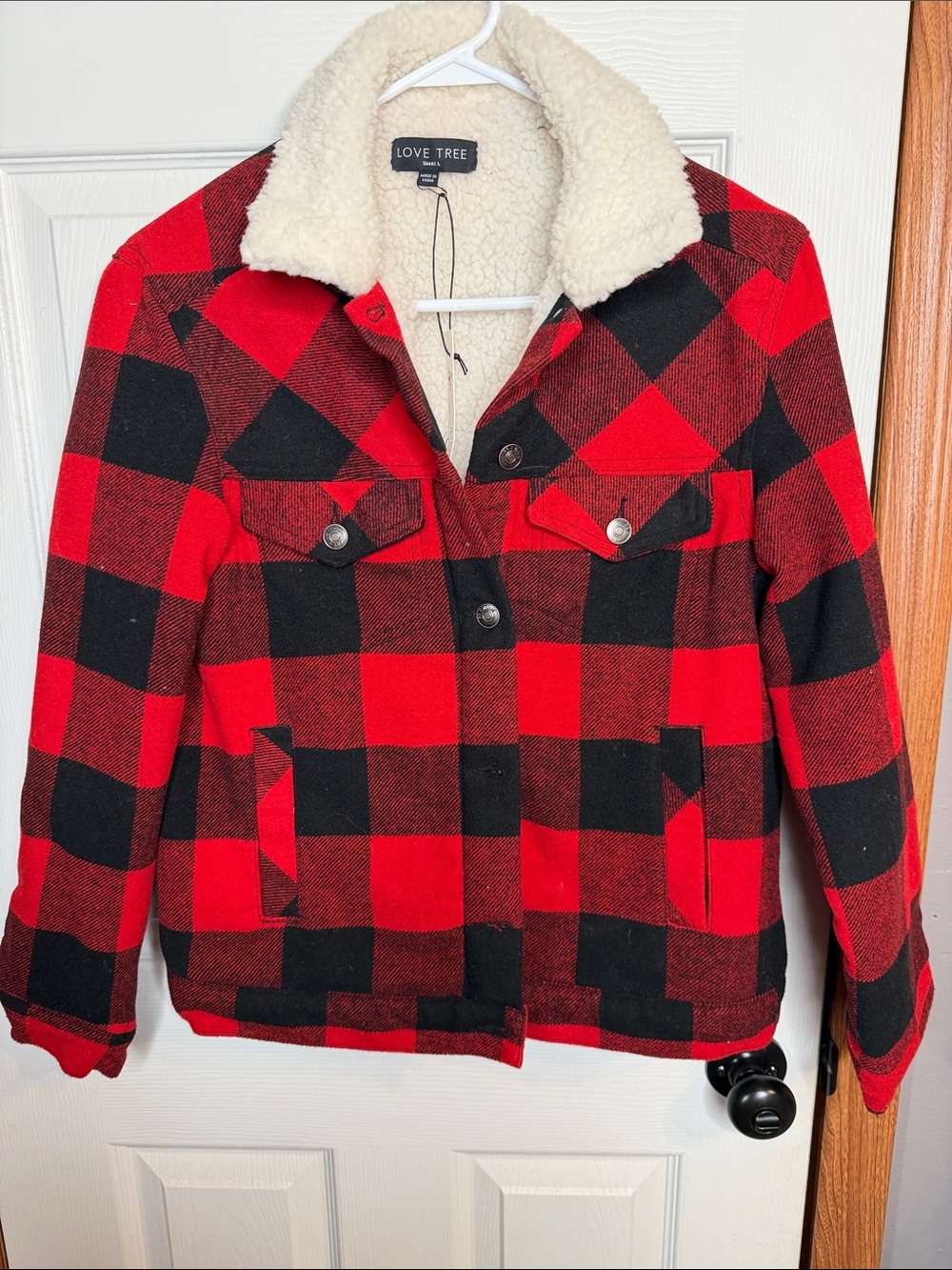 Love Tree Red and Black Buffalo Plaid Sherpa Collar Jacket